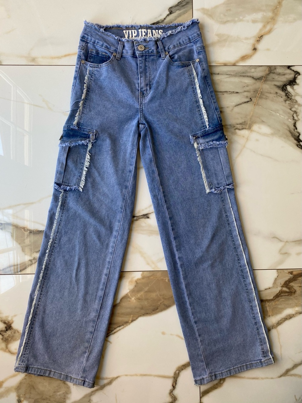 V.I.P Jeans Y2K era cargo Wide-Leg Flare Jeans - Light Blue w/Frayed Trim (5/27)